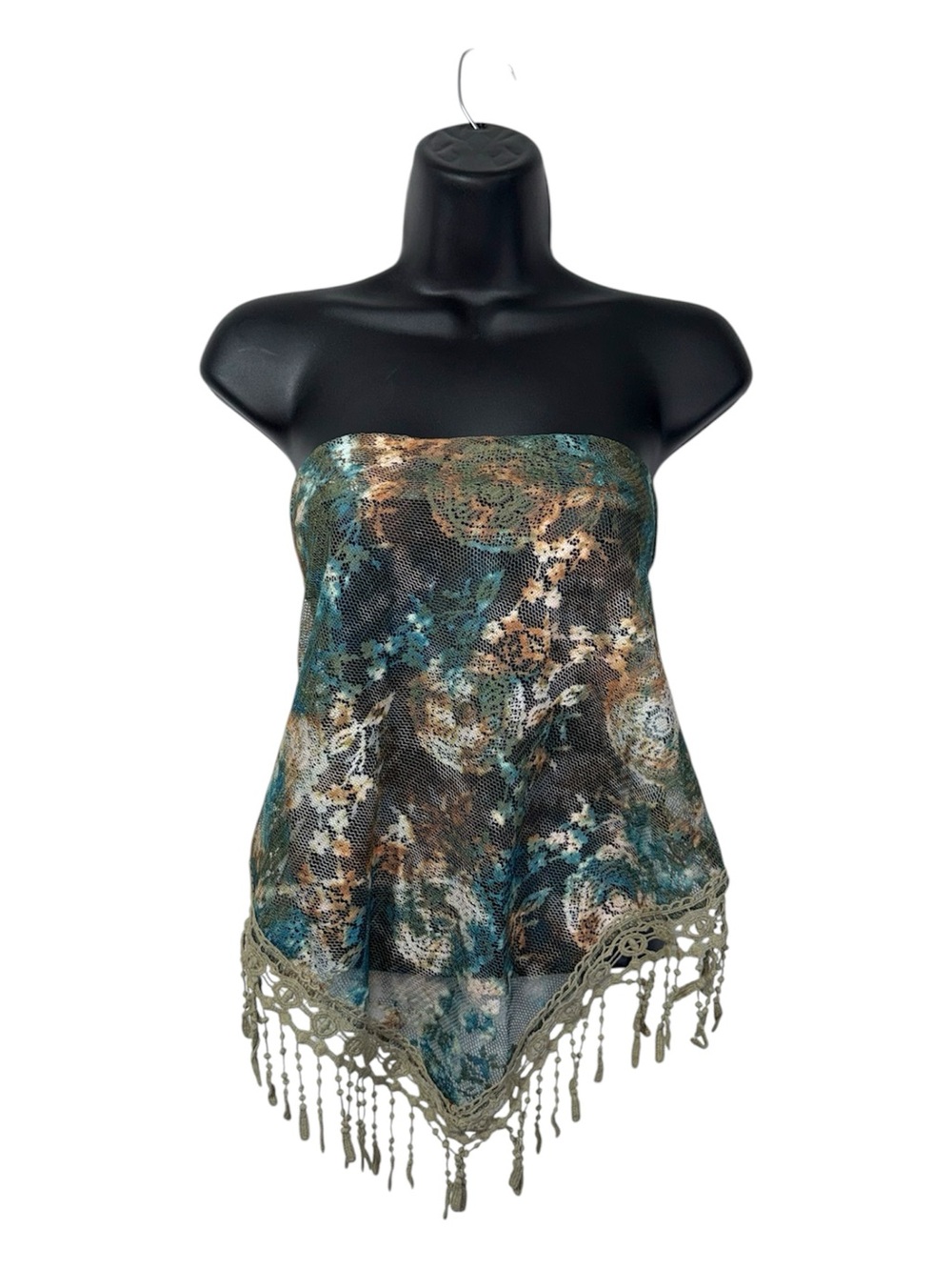 Asymmetrical Lace Fringe Strapless Sheer Tube Top Teal Beige Boho Western Layer